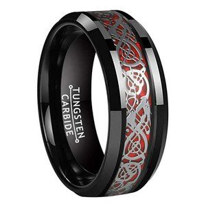 Mens Tungsten Wedding Band 8mm. Black Celtic Knot Ring with Red & Silver Inlay